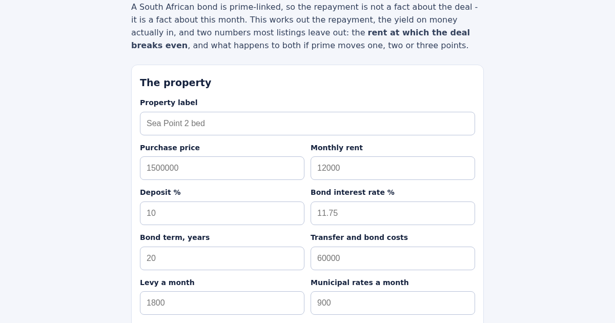 Bond & Rental Yield Calculator for South African Investors